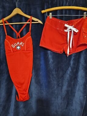 Red Lifeguard One-Piece Swimsuit With Shorts. Shorts Say Small Suit Is Medium I